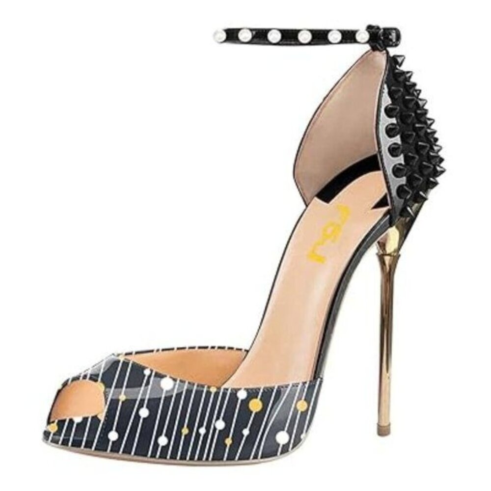 FSJ Lines-black Spikes Rivets Sandals Stiletto High Heels Ankle Strap Shoes